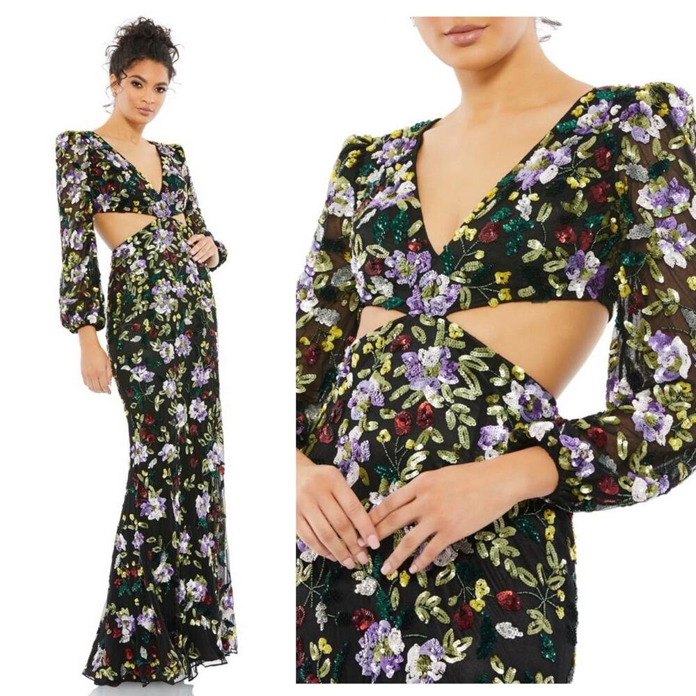 Mac Duggal Floral Sequined Cutout Waist Formal Gown Size 4 $598 5566